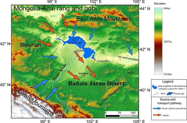 巴丹吉林沙漠物质来源和搬运方式、路径示意图