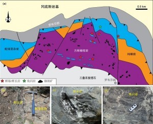 罗布莎蛇绿岩地质简图 (a)及辉绿岩脉(b)、辉长岩(c)和角闪岩(d)的野外产状
