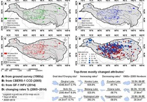 青藏高原湖泊数据集概况。(A) 1960年代(人工测绘,部分基于第一次湖泊调查成果整理);(B) 2005年(CBERS-1 CCD, 部分基于第二次湖泊调查成果整理);(C) 2014年(GF-1 WFV);(D) 2005~2014年湖泊面积变化率(%)
