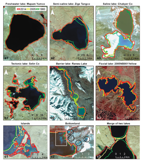 湖泊水体面积信息提取规则(底图：GF-1 WFV假彩色遥感图像)。(A) 不同含盐度的湖泊；(B) 不同成因的湖泊；(C) 针对岛屿、滩地等特殊情况的处理规则 