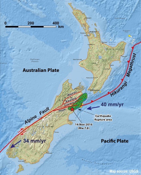 图3：新西兰凯库拉7.8级地震构造背景、破裂范围及余震分布。（地图来源：USGS）