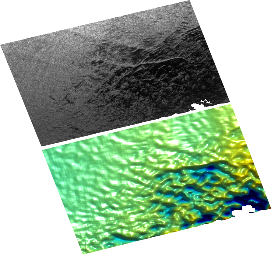日本海海面(图像中心经度: 132, 纬度: 39.95)的二维(上图)和三维(下图)成像
