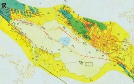 海原活动断层干盐池拉分盆地影像（a） 和地质图（b） （国家地震局地质研究所等，1990）