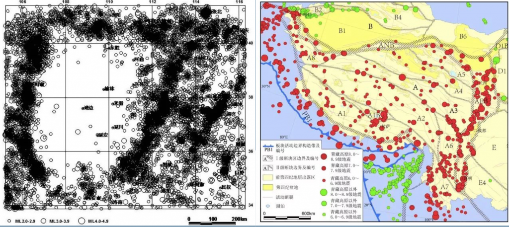 鄂尔多斯断块的构造（左）和小震分布图（右）（邓起东，周庆，2015）