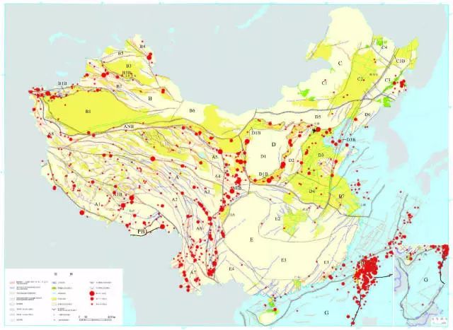 中国活动断层与地震分布简图 图中字母代表构造分区（邓起东，2002）