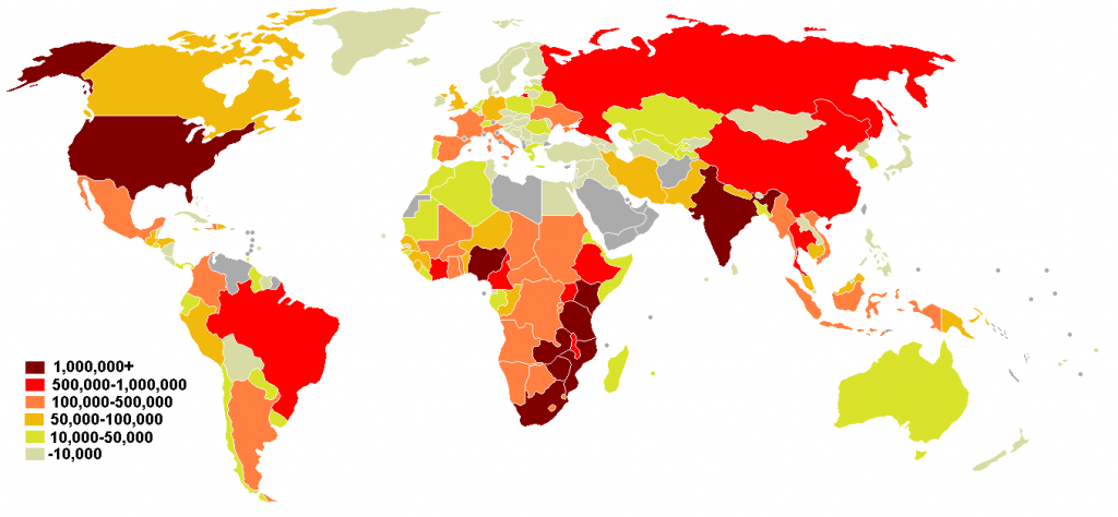 2008年各国艾滋病患者人数估计