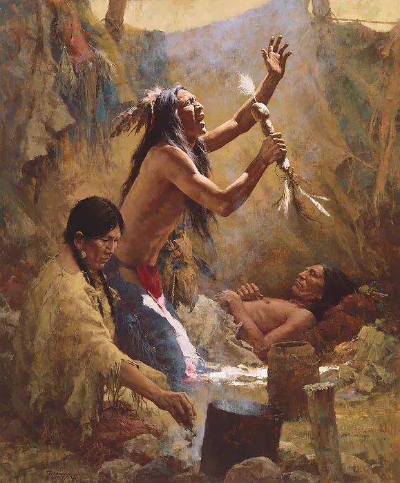 当时土著人巫医不分，医生兼职跳大神，其治疗手段是草药和掐诀念咒（作者：Howard Terpning）