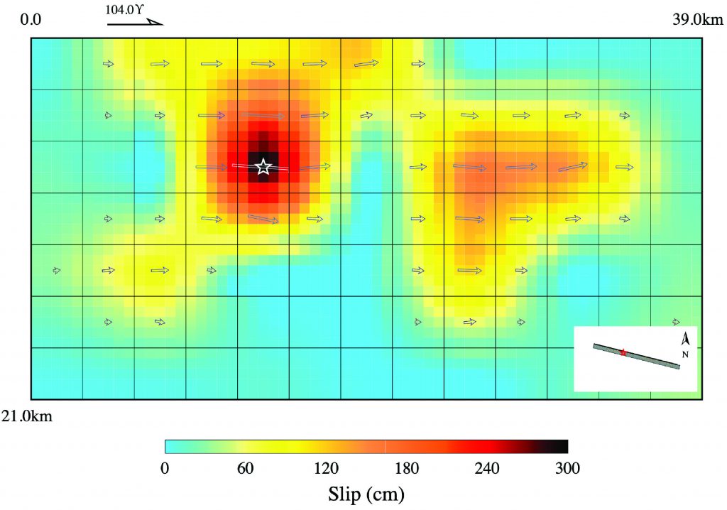 图 3 2022 年6.6级门源主震基于远震 P 波的初步有限断层结果。改自王卫民提供的结果