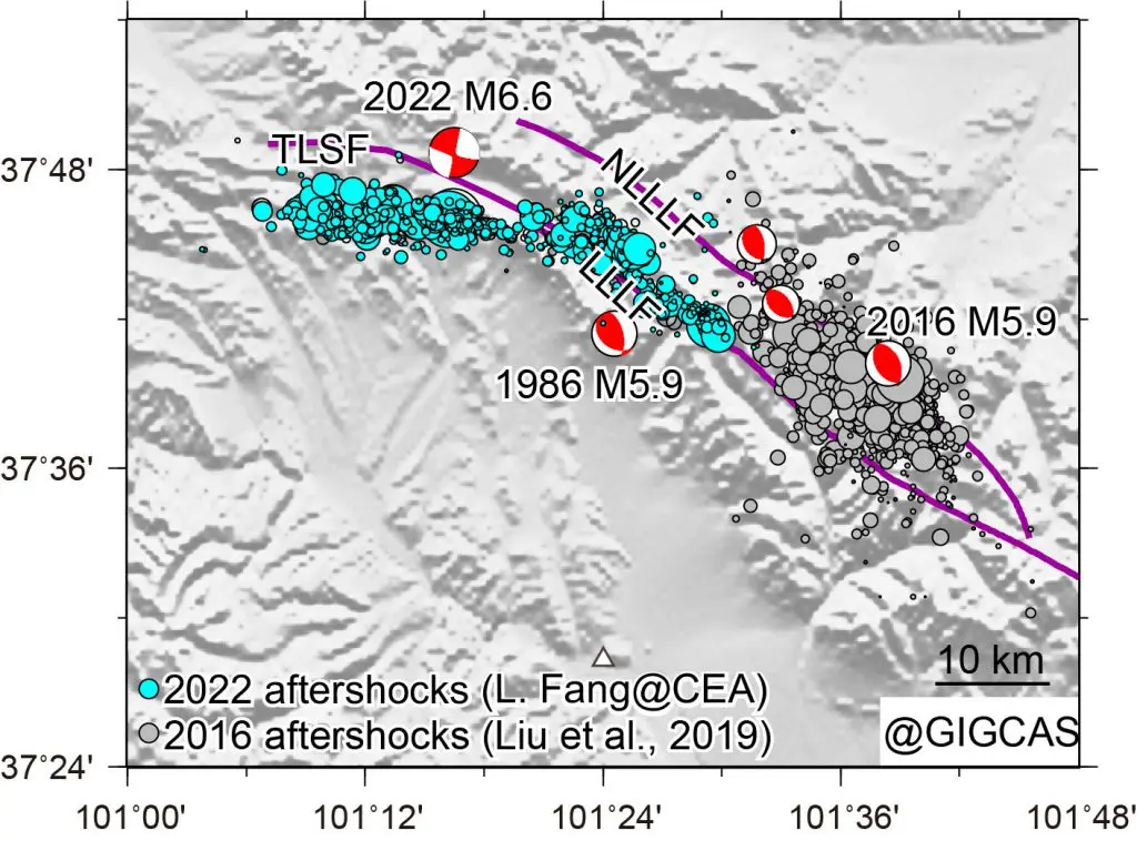 图 6. 2022年 M 6.6 和 2016年 M 5.9余震 精定位结果比较。2022年主震后余震位置由房立华提供。LLLF：冷龙岭断层；NLLLF：北冷龙岭断层；TLSF：托莱山断层。2016 年余震位置来自Liu et al. （2019）。来源：邓阳凡