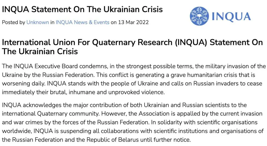 国际第四纪联合会暂停俄罗斯科研机构的合作